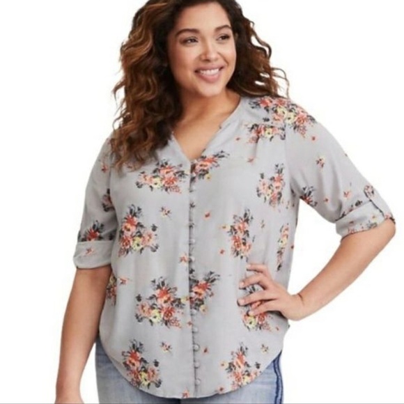 Torrid Women's Size 1 Blouse Gray Pink Yellow Floral Tab Sleeve Button Front - Picture 1 of 11